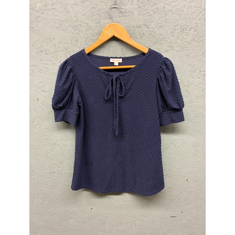 Riley & Rae Blouse Women's‎ XS Navy Textured Knit Puff Sleeve Tie Front Top